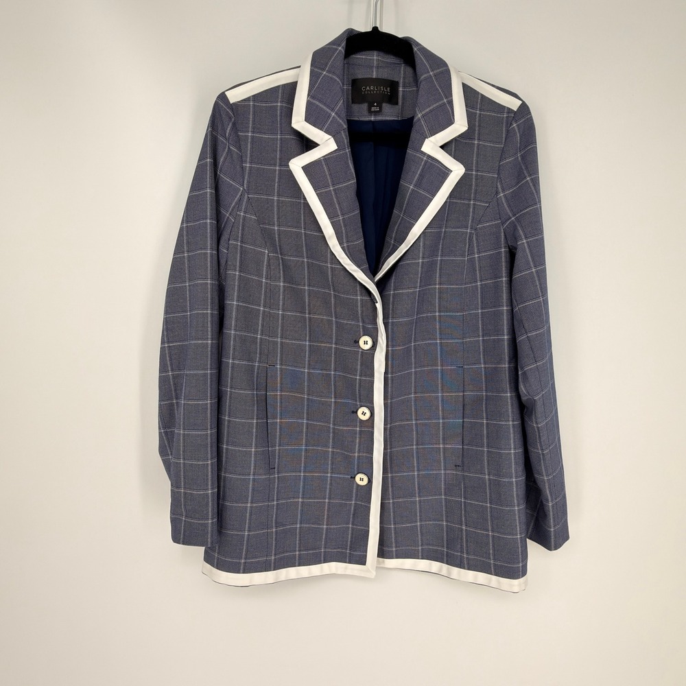 Carlisle Collection Blazer Womens 4 Blue Plaid Contrast Trim Preppy Professional